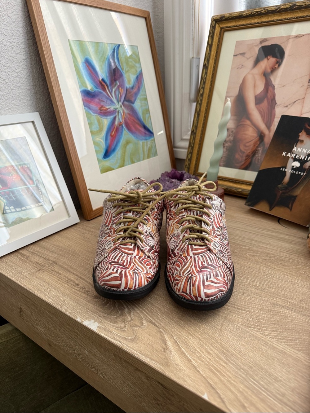 Icon Wearable Art Women’s Zebra-Print Leather Sneakers in Orange and White